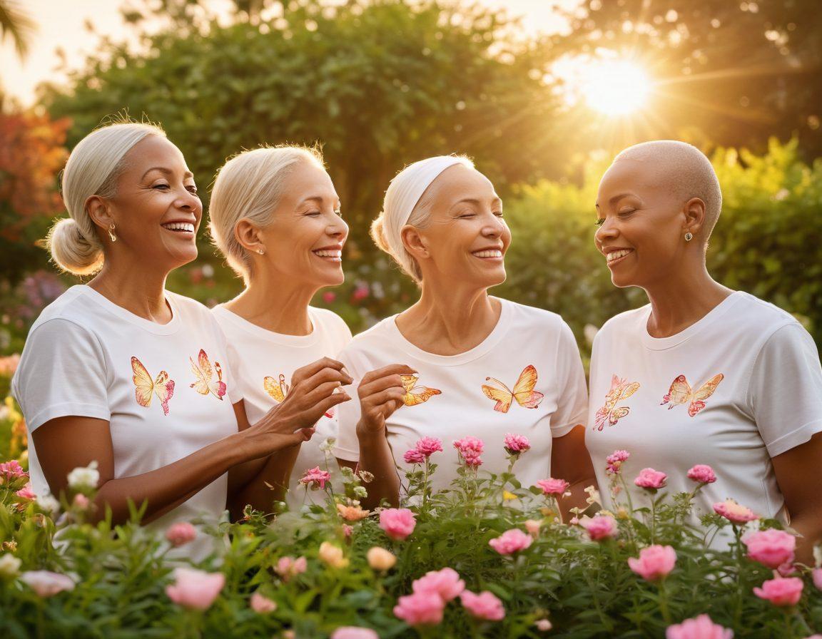 A serene oasis symbolizing hope, featuring a diverse group of cancer survivors engaged in joyful activities, surrounded by blooming flowers and lush greenery. In the background, a warm sunset casts a golden glow, representing resilience and strength. Include uplifting symbols like butterflies and ribbons to enhance the theme of empowerment. super-realistic. vibrant colors. soft focus.