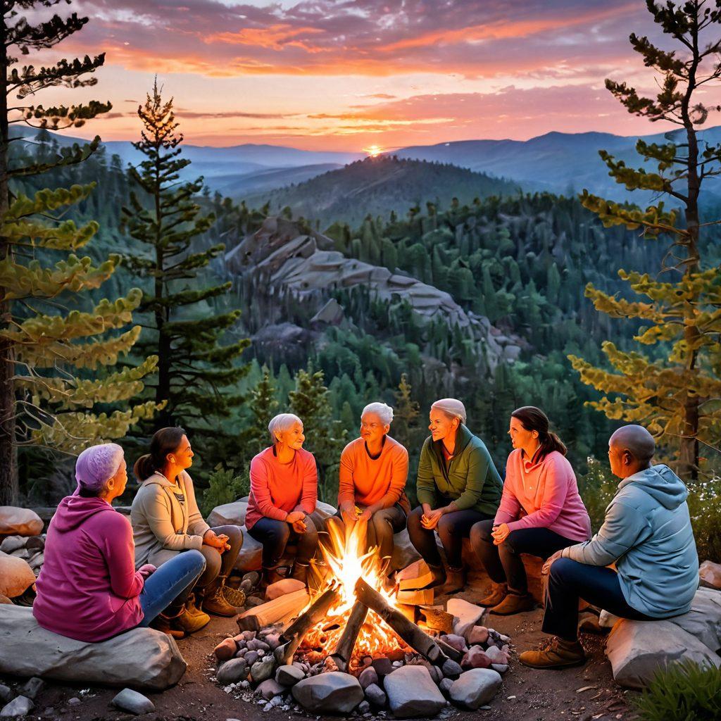 A serene landscape showing a diverse group of cancer survivors sharing stories around a campfire, symbolizing support and connection. Each individual wears expressions of hope and resilience, while the backdrop features a dawn sky with soft hues of orange and pink, representing new beginnings. Include nature elements like lush green trees and gentle hills, to evoke a sense of peace and healing. warm colors, realistic style.