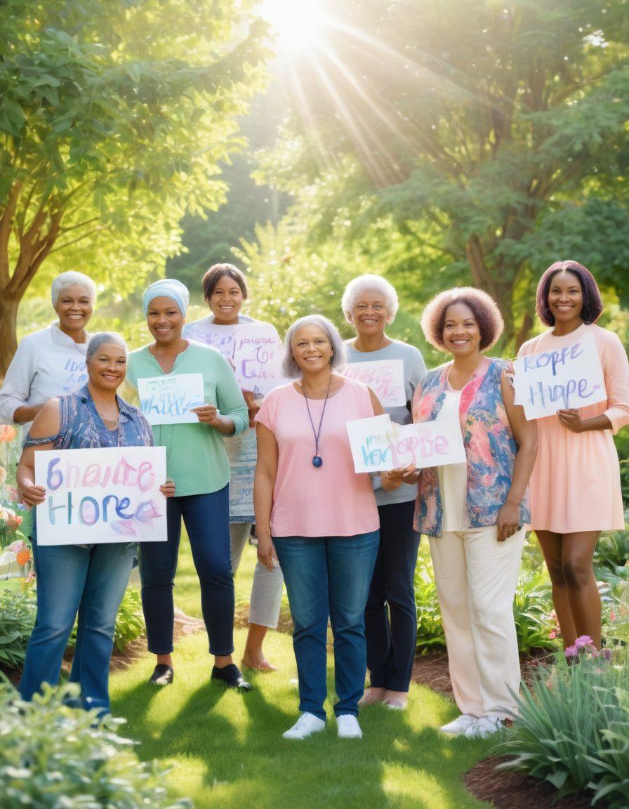 A diverse group of cancer survivors and advocates standing together, holding signs of hope and awareness, with a backdrop of a vibrant community garden symbolizing growth and healing. Sunlight filters through green leaves, casting gentle shadows, reflecting a message of empowerment and unity. Include soft pastel colors to evoke warmth and hope. watercolor style. soft focus.
